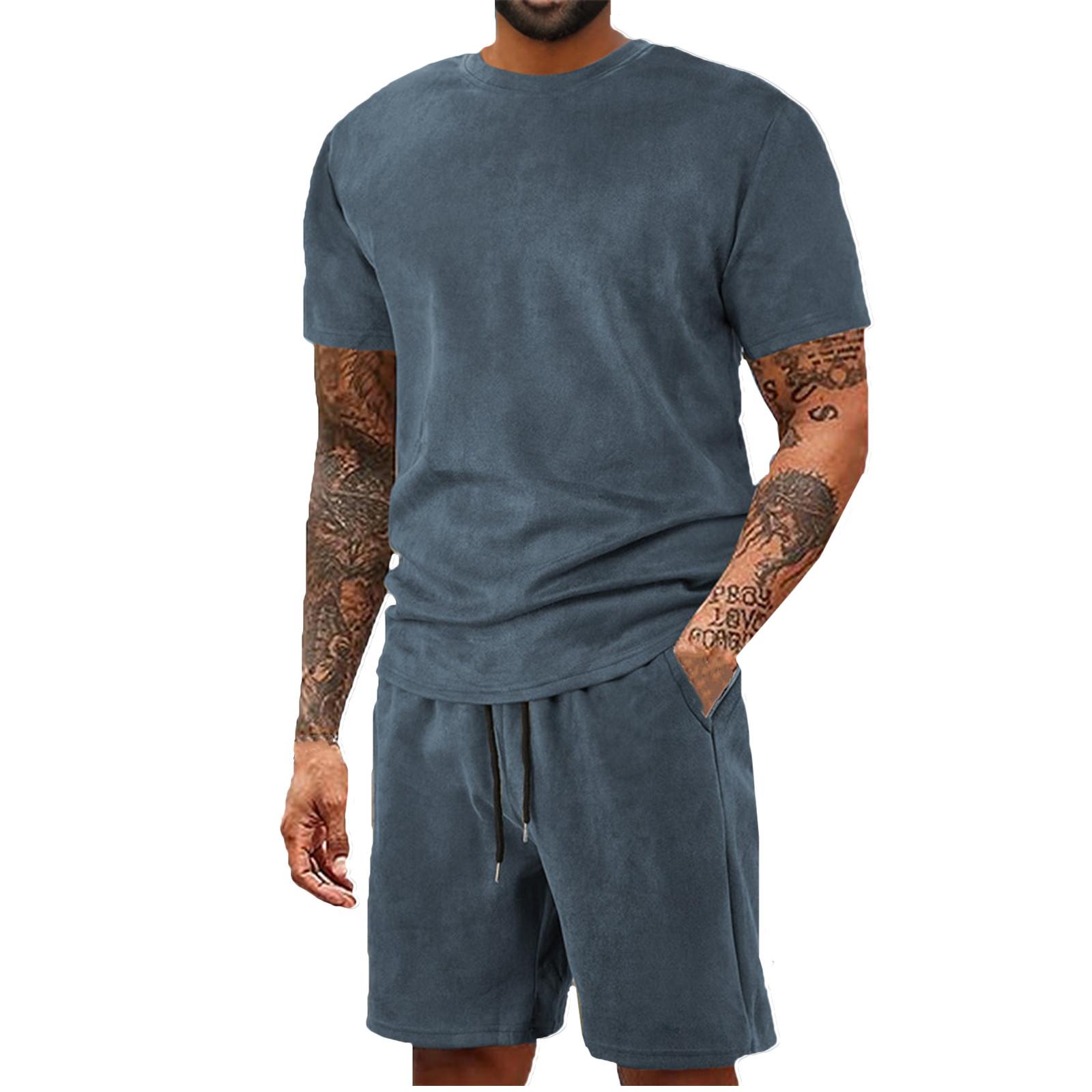 

Мужской однотонный повседневный комплект из двух предметов с круглым вырезом и короткими рукавами XL небесно-голубой