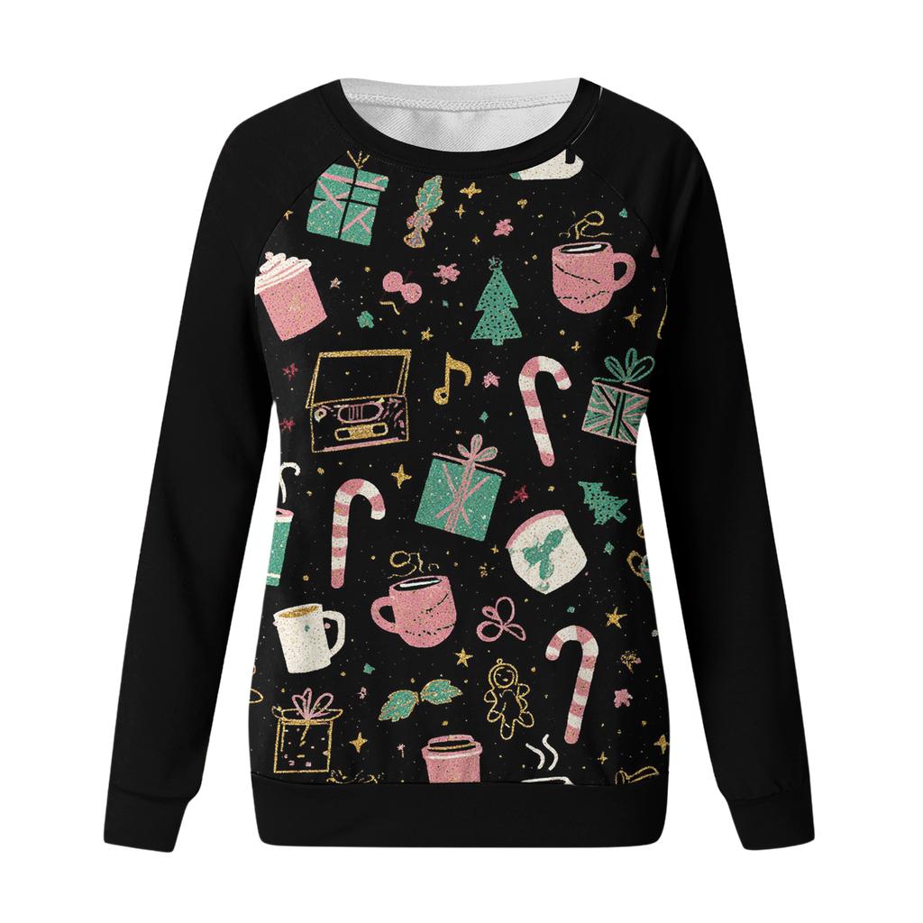 Women's Fashion Casual Long Sleeve Christmas Printed  Neck Sweatshirt Top