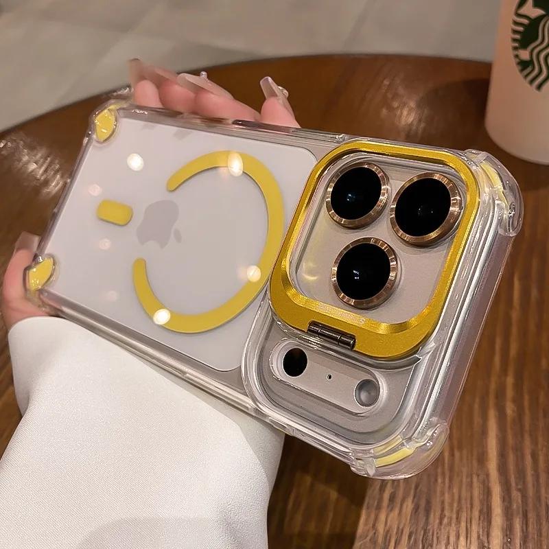 

Luxury Transparent Airbag Case For iPhone 17 16 15 14 12 13 Pro Max Plus Air for Magsafe Transparent Camera Stand Holder Cover iPhone 11