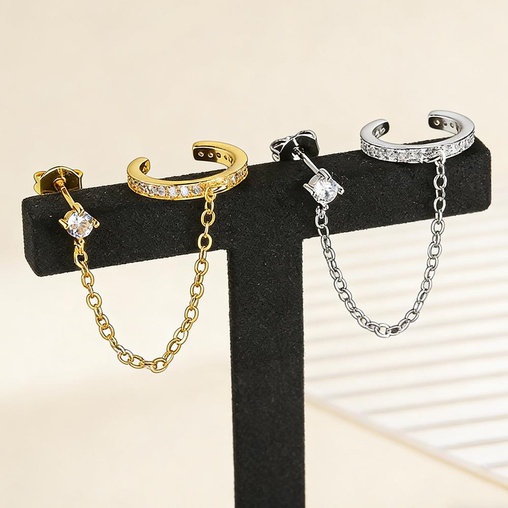 1pc Simple Style Piercing Stud Earring For Women Shiny Zircon Chain Clip Earring Accessory Gold Color Cartilage Fashion Jewelry