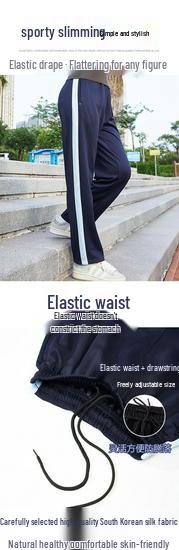 Unisex Dark Blue Striped Summer School Uniform Trousers for Students, Loose Straight-Leg Style