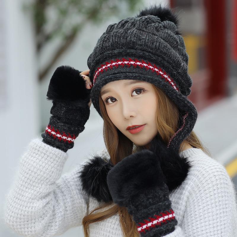 Girls Thicken Ski Snow Cap Fur PomPoms Winter Women Beanie Hats Female Skullies Warm Gloves + Knit Hat Set