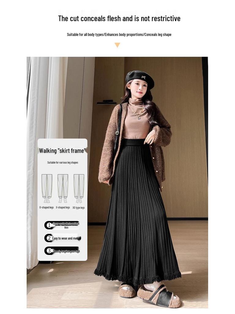 Autumn/Winter 2025 Women's High Waist Knit Pleated A-line Skirt with Tassels