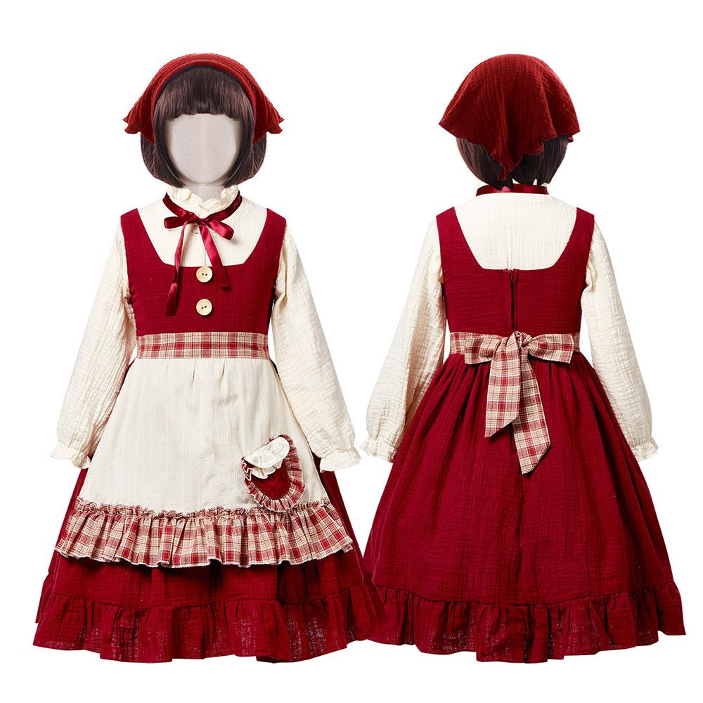 Kids Girls Drama The Little Match Girl Colonies Pastoral Farm Maid Dress Apron Set Halloween Cosplay Costumes Role Play Outfit