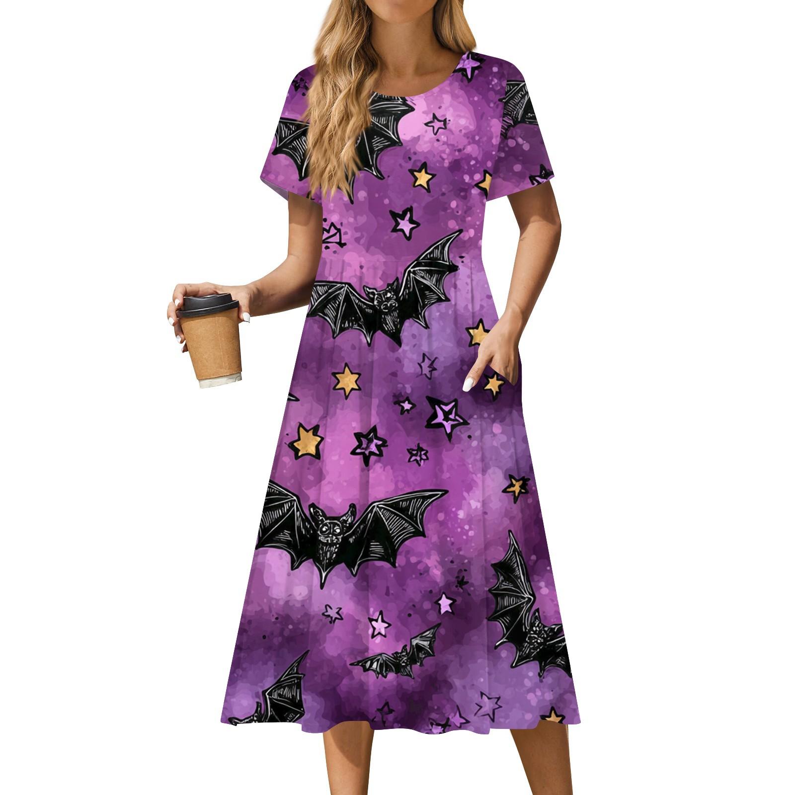 

Women s Casual Fashion Halloween Printed Short Sleeve Round Neck Dress XL фиолетовый