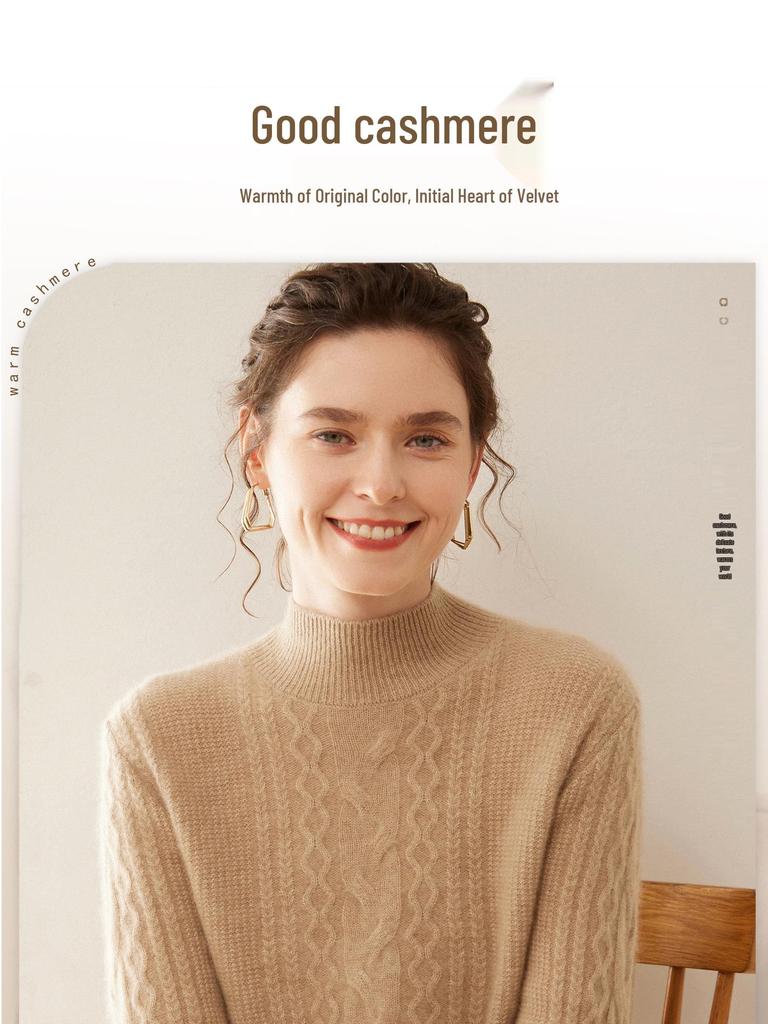 2025 Autumn/Winter Women's Cashmere Slim Fit Cable Knit Sweater - Thick Half-High Collar, Solid Color Base Layer