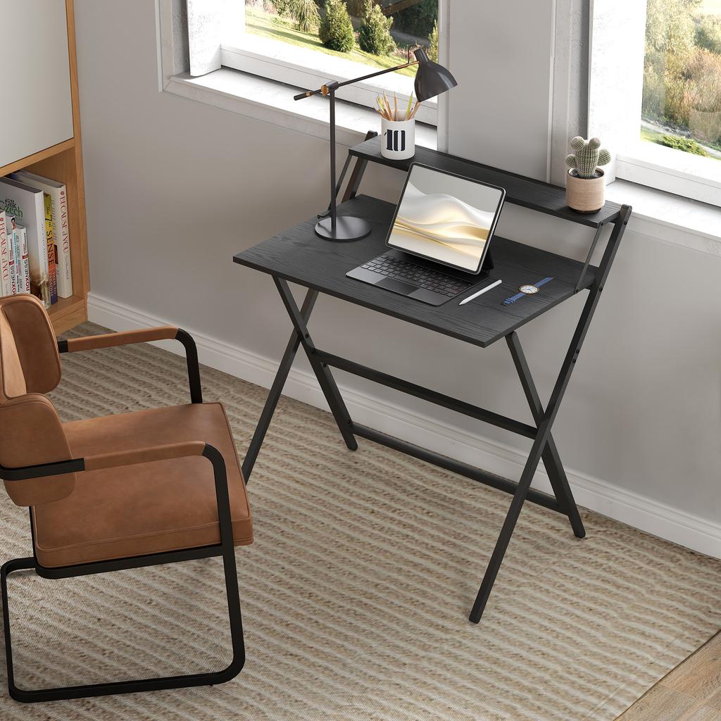 81.5 Cm Folding Computer Desk With Monitor Shelf Black