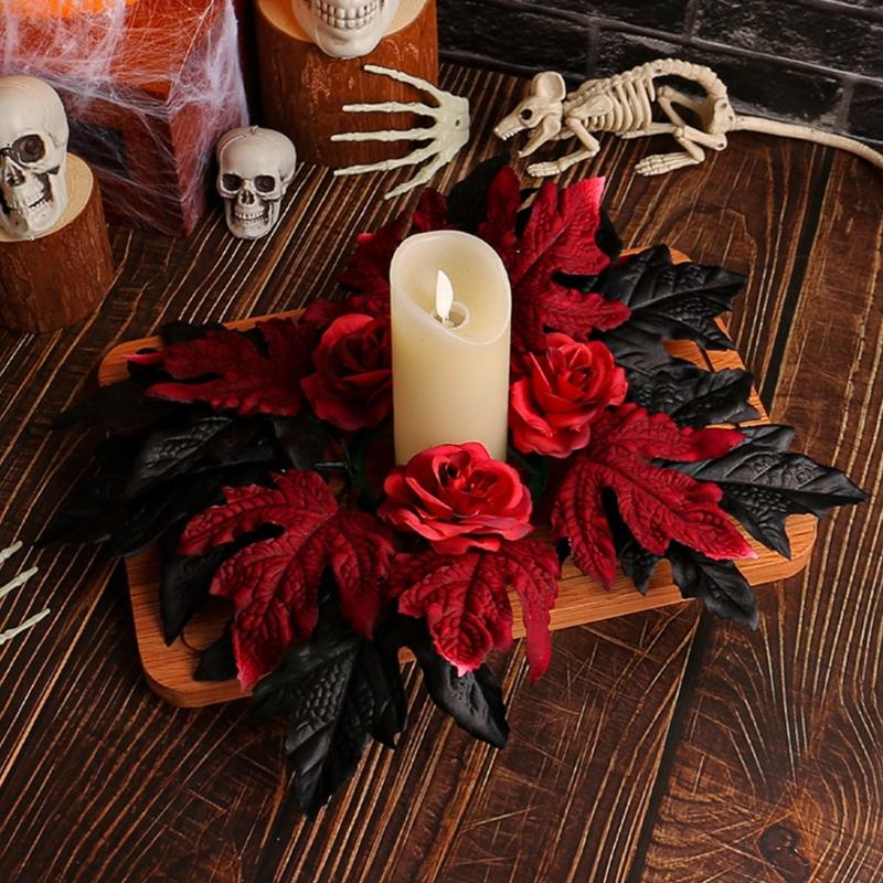 Fall Maple Leaf Candle Wreaths Pack of 5 Tealight Candle Holders Rings for Halloween Parties Table Centerpieces Decors