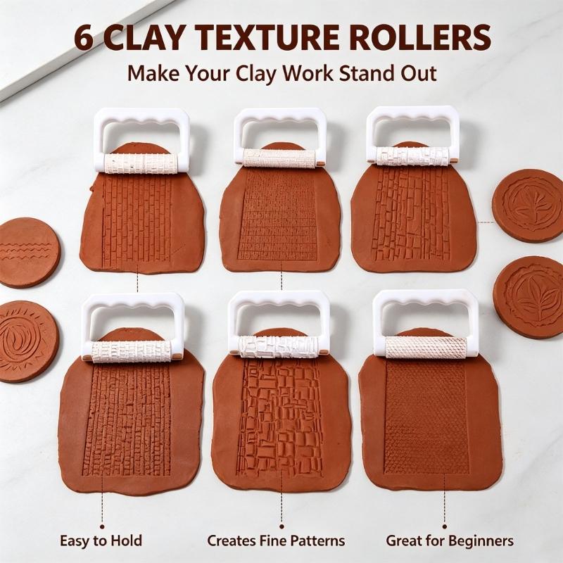 Plastic Clay Texture Tool Set 12 Piece with Hand Frame and Mixed Sleeve Designs for Pottery Cups Tiles and Home Practice Work for DIY