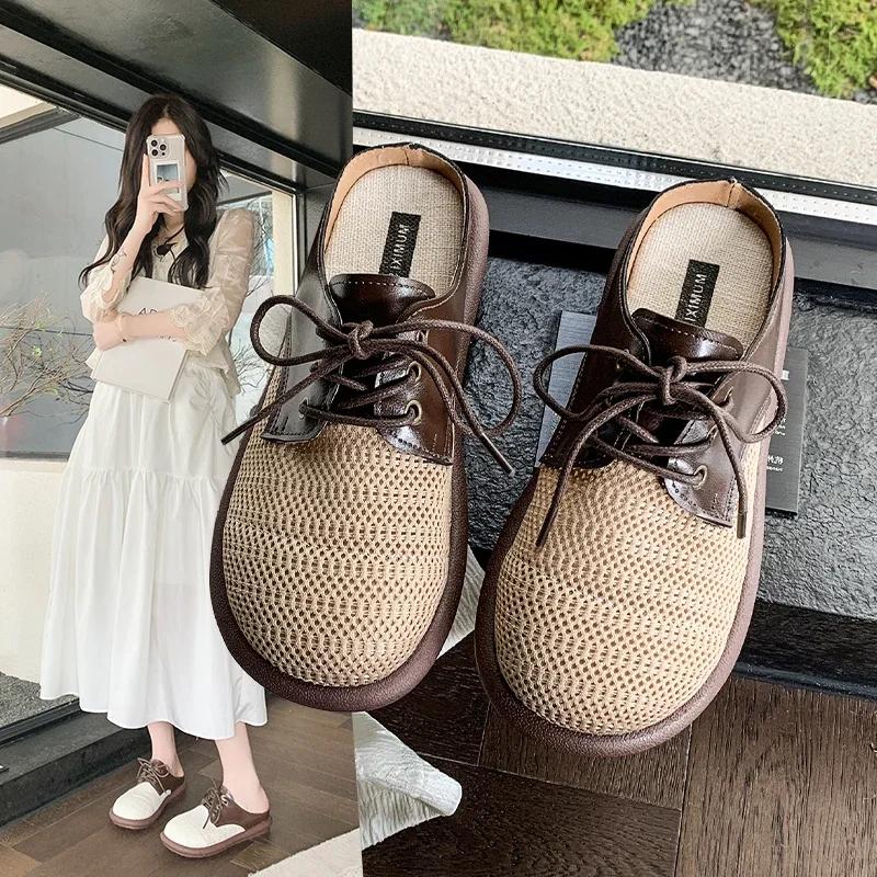 Women's Mules Round Toe Lace-up Cover Toe Flat Sole Women's Slippers Dress Daily Commute Retro Hollow Upper Zapatillas De Mujer