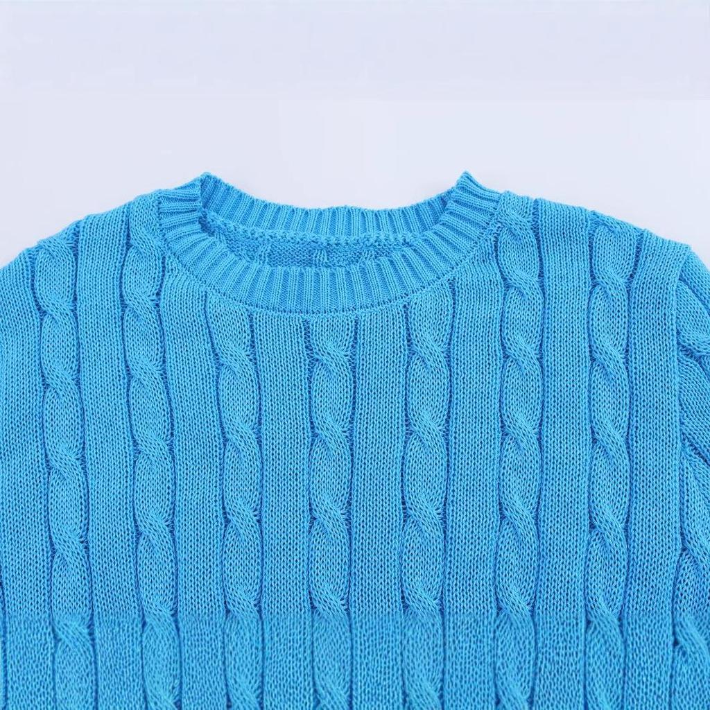 Spring 2025 Women's European-American Style Eight-Strand Braid Knit Top - Slimming, Short Sleeve, Round Neck