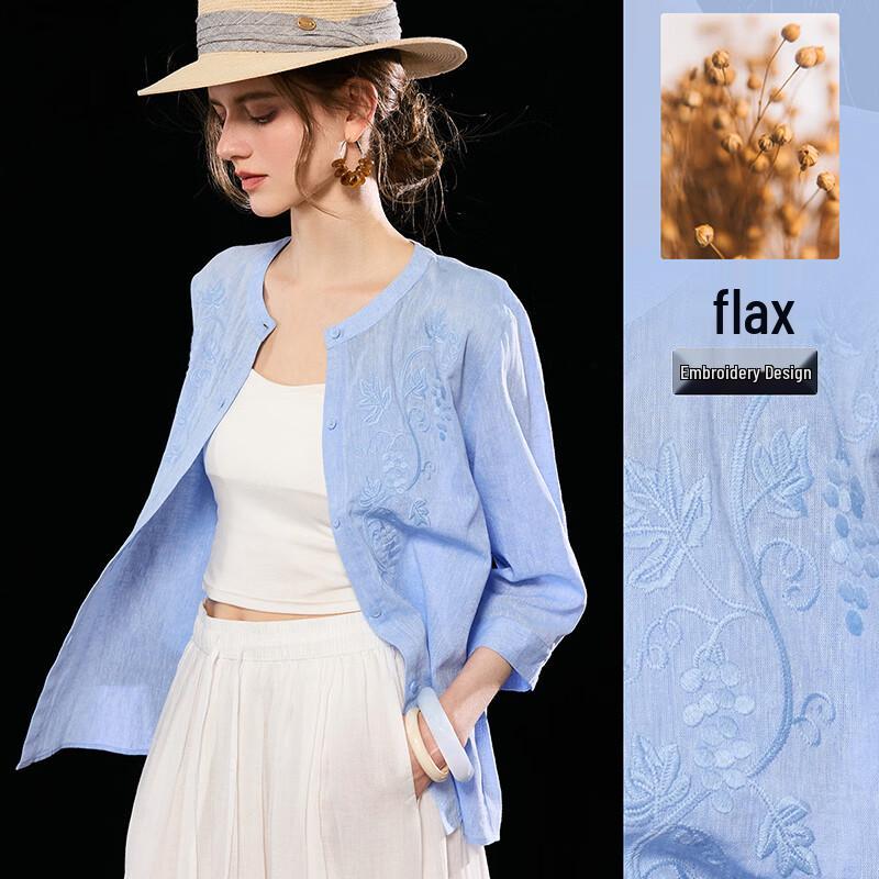 French Embroidered Cotton-Linen Blouse M
