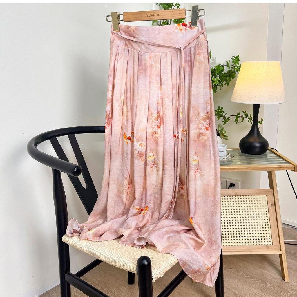 Qooth Hanfu waist wrap skirt  Cotton Linen Printed Pleated Skirt Elegant Vintage Skirt QT2187