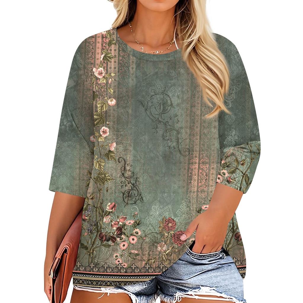 Women's Fashion Casual Print Round Neck 3/4 Sleeve T-Shirt Top