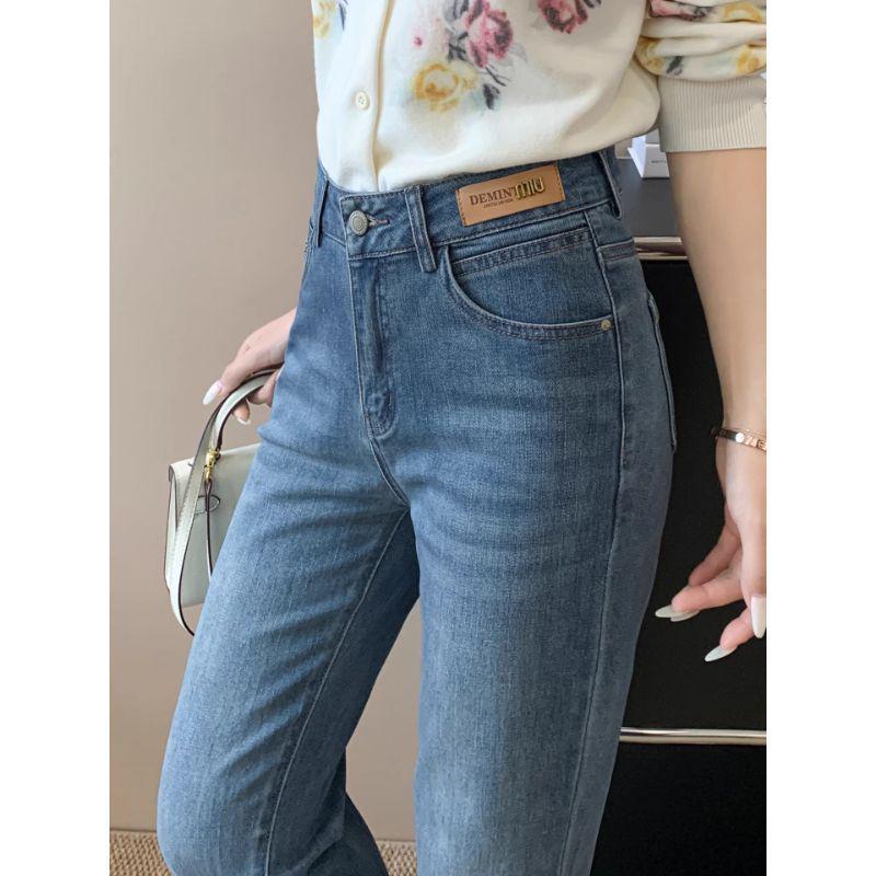 Women's High Waist Embroidered Retro Pipe Jeans - Spring/Autumn 2025 Slim Cropped Straight Leg Pants