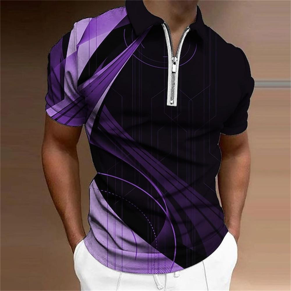 Men's Zipper Polo, Collar Polo Shirt, Golf Shirt, Graphic Print, Geometry, Linear Opening, Short Sleeve, Zipper Clothing Top