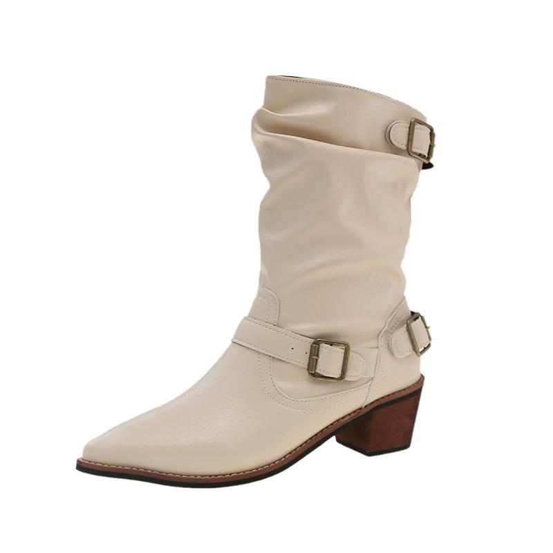 Fashion Comemore Retro Mid-calf Boots Women Spring Autumn New Fashion Short Boots Chunky Middle Heel Belt Buckle Cowboy Botas Fenale