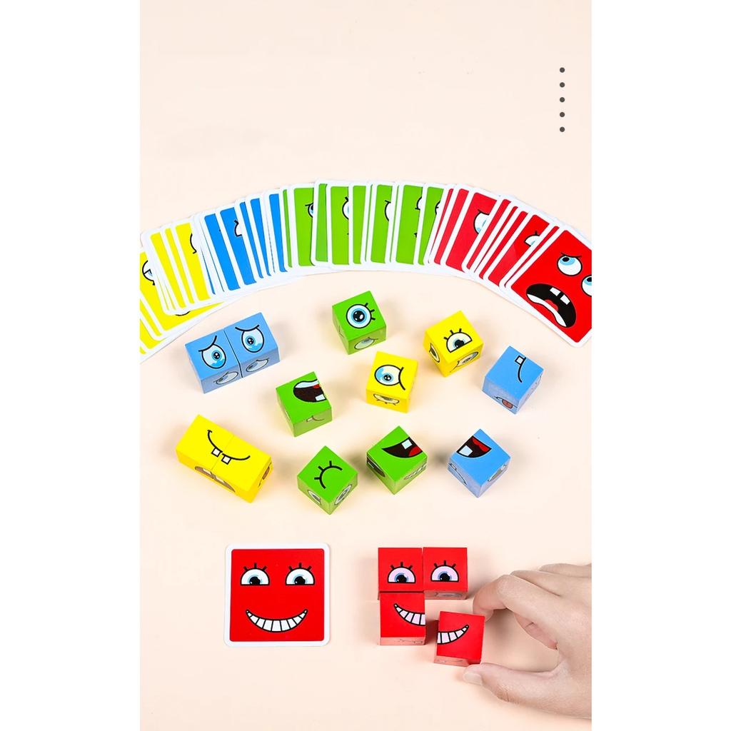 Large Learning Educational Toy Set Cards Emoticon Puzzle Face Change Cubes Wooden Toys Building Blocks Game for Children Kids