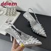 Fashion Female Metal Rivet Women Thin Heels Pumps Shoes Slingbacks Footwear Fashion Pointed Toe Ladies High Heels Shoes Sandals Big Size