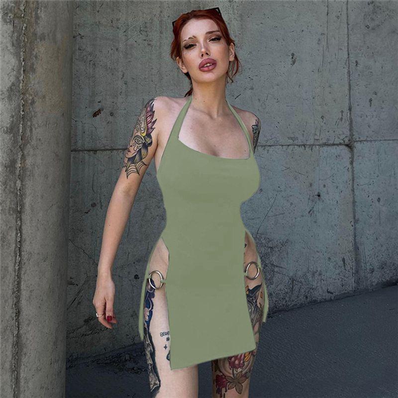 

Европейское и американское сексуальное облегающее платье-халтер с открытой спиной и вырезами, короткая юбка, сексуальное облегающее мини-платье Green M