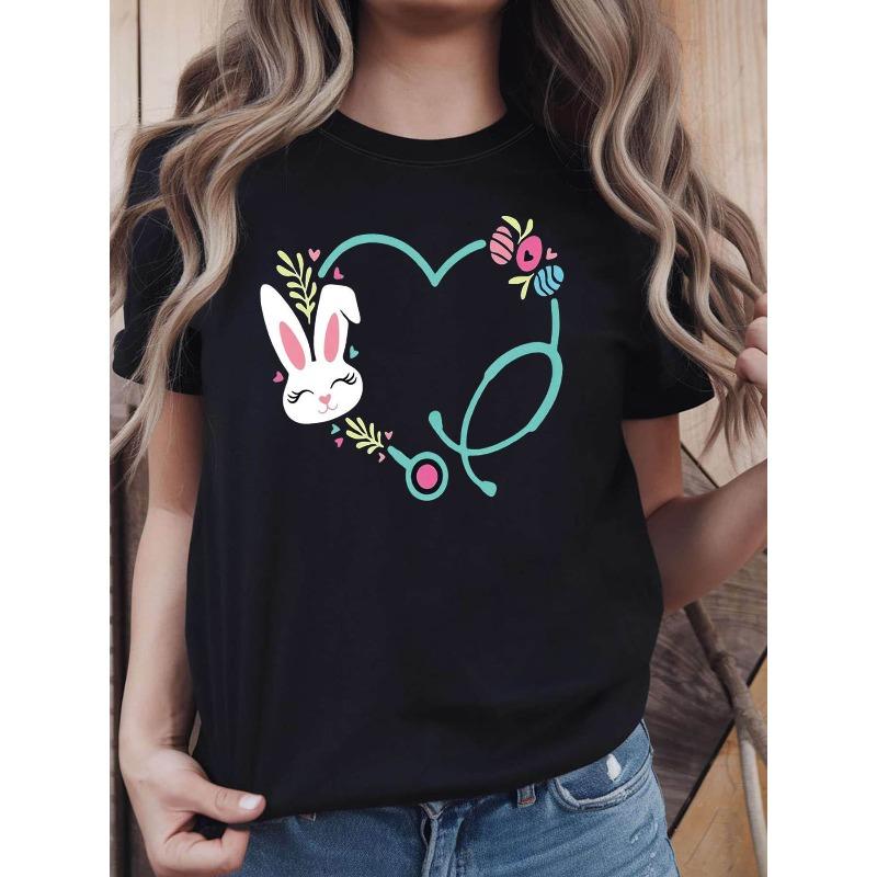 European sizes Women's Easter Bunny & Heart Stethoscope T-Shirt - Casual Short Sleeve Scrubs Top Suitable for Easter Egg Hunt Outfits