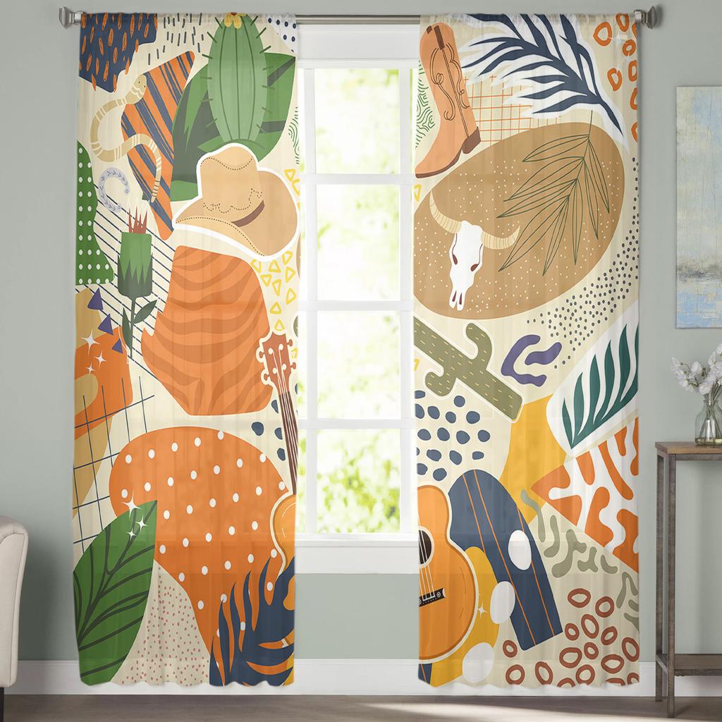 Cowboy Wüste Tropische Pflanze Gitarre Boho Transparente Vorhänge Wohnzimmerfenster Tüllvorhänge Schlafzimmer Schleier Vorhänge Luxuriöse Gardinen