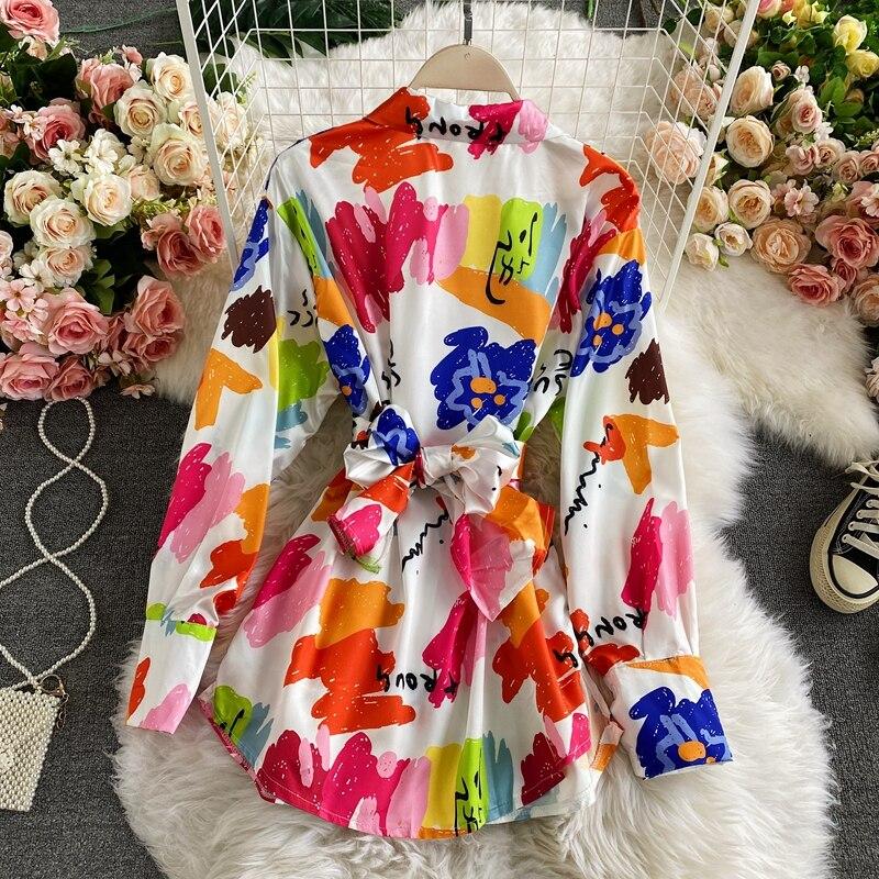 Francuski słodki kolorowy nadruk elegancka bluzka damska koreański Y2K talia w koszulach biurowych damski z długim rękawem Fashion Design ubrania codzienne wiosna 2024