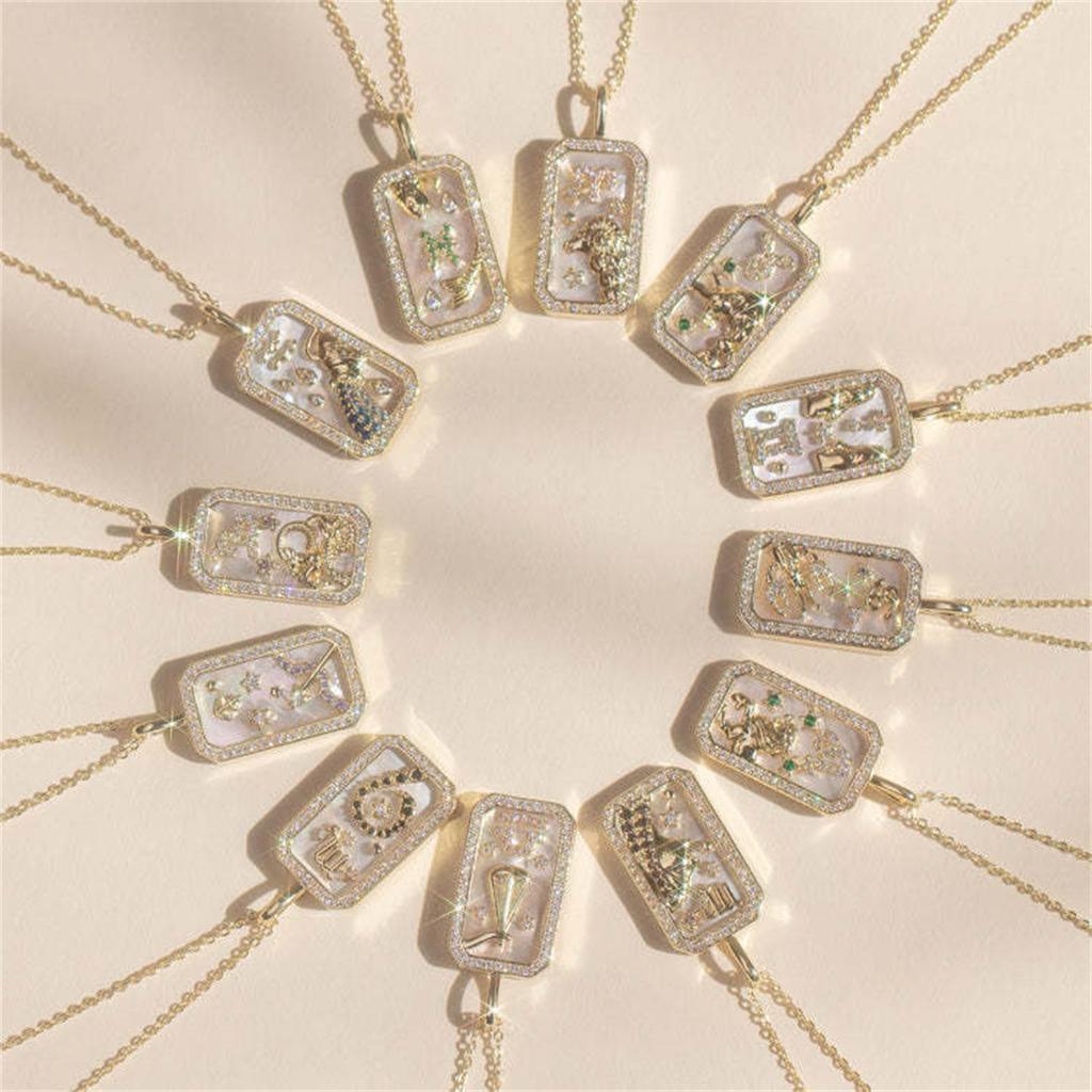 Twelve Constellation Pendant Necklace with Zircon, Gold Plated Clavicle Chain, Retro Jewelry Gift for Women
