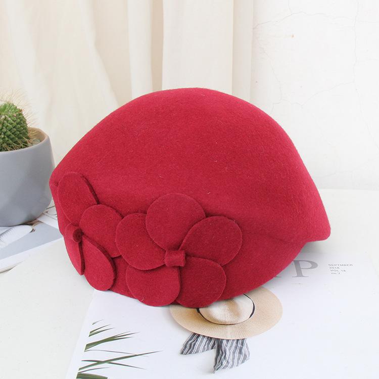 Autumn And Winter New British Woolen Felt Hat Dome Fashion Top Hat European And American Temperament Flower Stewardess Beret
