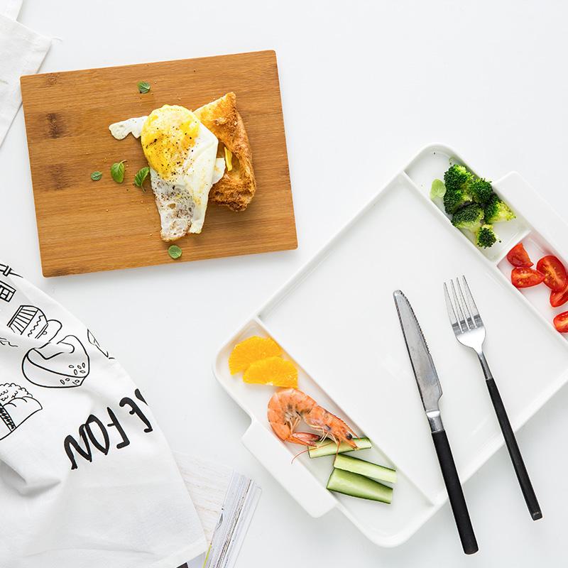 12.6 Inch White Ceramic Divided Plate With Bamboo Cutting Board Slimming Diet Meal Plate Dish Dinner Serving Plate