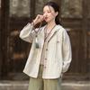 Johnature Women Vintage Shirts Tops Hooded Spring Chinese Style Solid Color Blouses Button Shirts