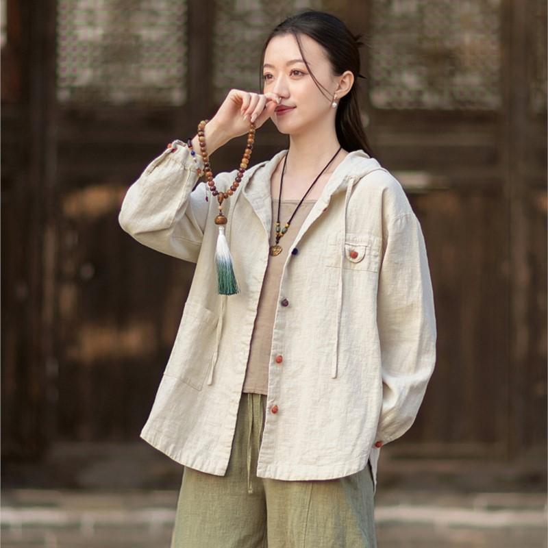 Johnature Women Vintage Shirts Tops Hooded Spring Chinese Style Solid Color Blouses Button Shirts