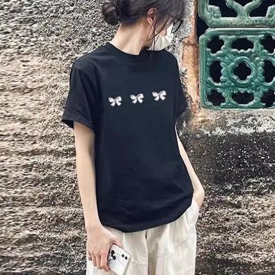 Pure Cotton Large Size Korean Version Loose Casual Printing T-shirt Summer New Versatile Shoulder Short Sleeve Women
