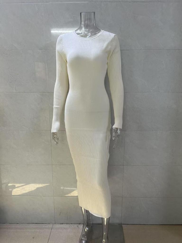 Damen Langarm Herbst/Winter Woll Bodycon Kleid - Gestrickt, Gerippt, Einfarbig, Rundhals