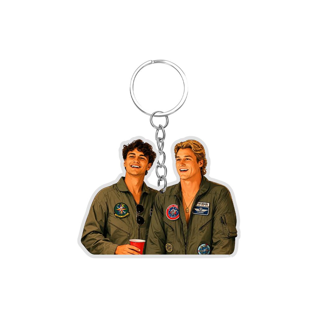 Acrylic Keychain Featuring Four Ice Hockey Players Standing Side by Side Wearing Numbered Jerseys with Attached Metal Key Ring for Easy Carrying