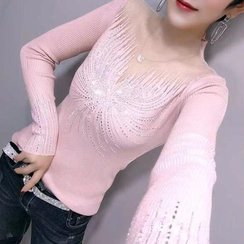 

Высококачественный шикарный красивый свитер женский пэчворк сетка ажурная тяжелая промышленность алмазная инкрустация сексуальный универсальный длинный рукав базовый свитер L розовый