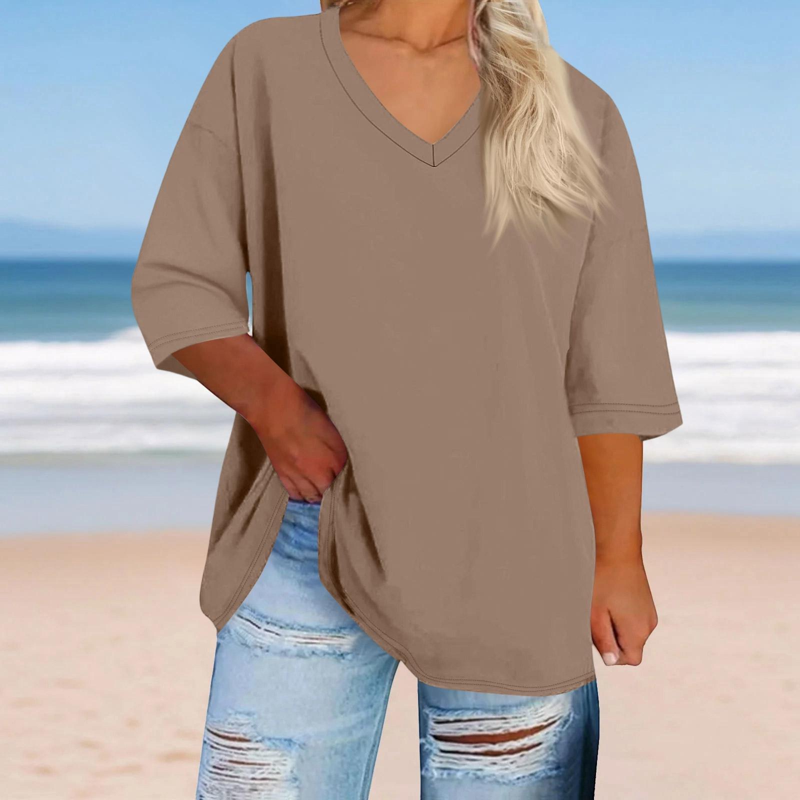 

Women s Plus Size Fashionable Casual Loose-Fit V-Neck 3/4-Sleeve Top XXL коричневый