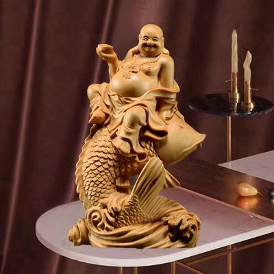 Wooden Carp Maitreya Buddha Decorative Statue ,Creative Solid Wood Art Hand Carving Home Room, Office Fortune Gathering Statue