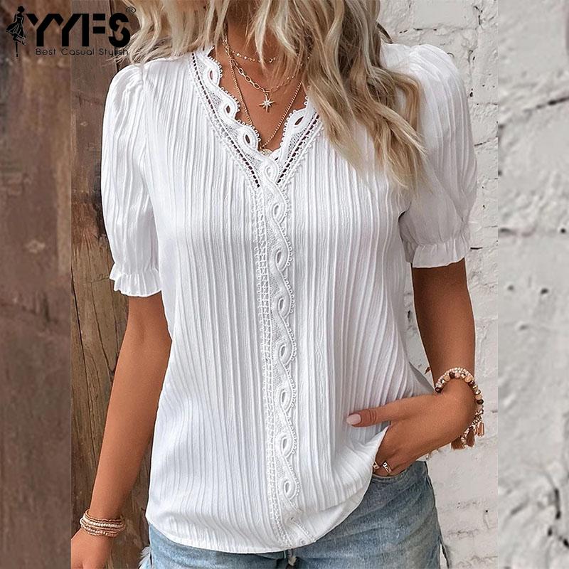YYFS Women's Fashion Casual Summer Spring Solid Color Print Short Sleeve V-Neck Blouses & Shirts