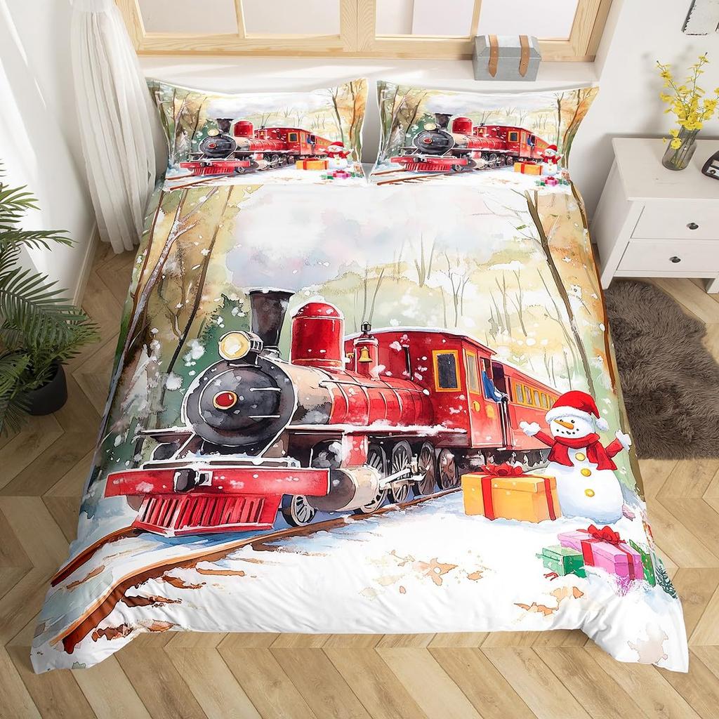 Winter Snow Train Duvet Covers For Kids Teens Queen Size Lightweight Quilt Covers Train Railway Track Bedding Set No Comforter