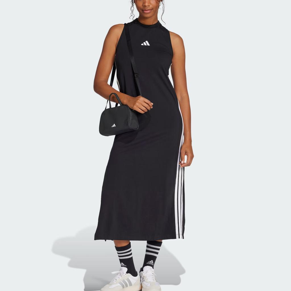 Adidas Essentials 3-Stripes Sportswear Long Racerback Dress Women Dress Black White JE1208