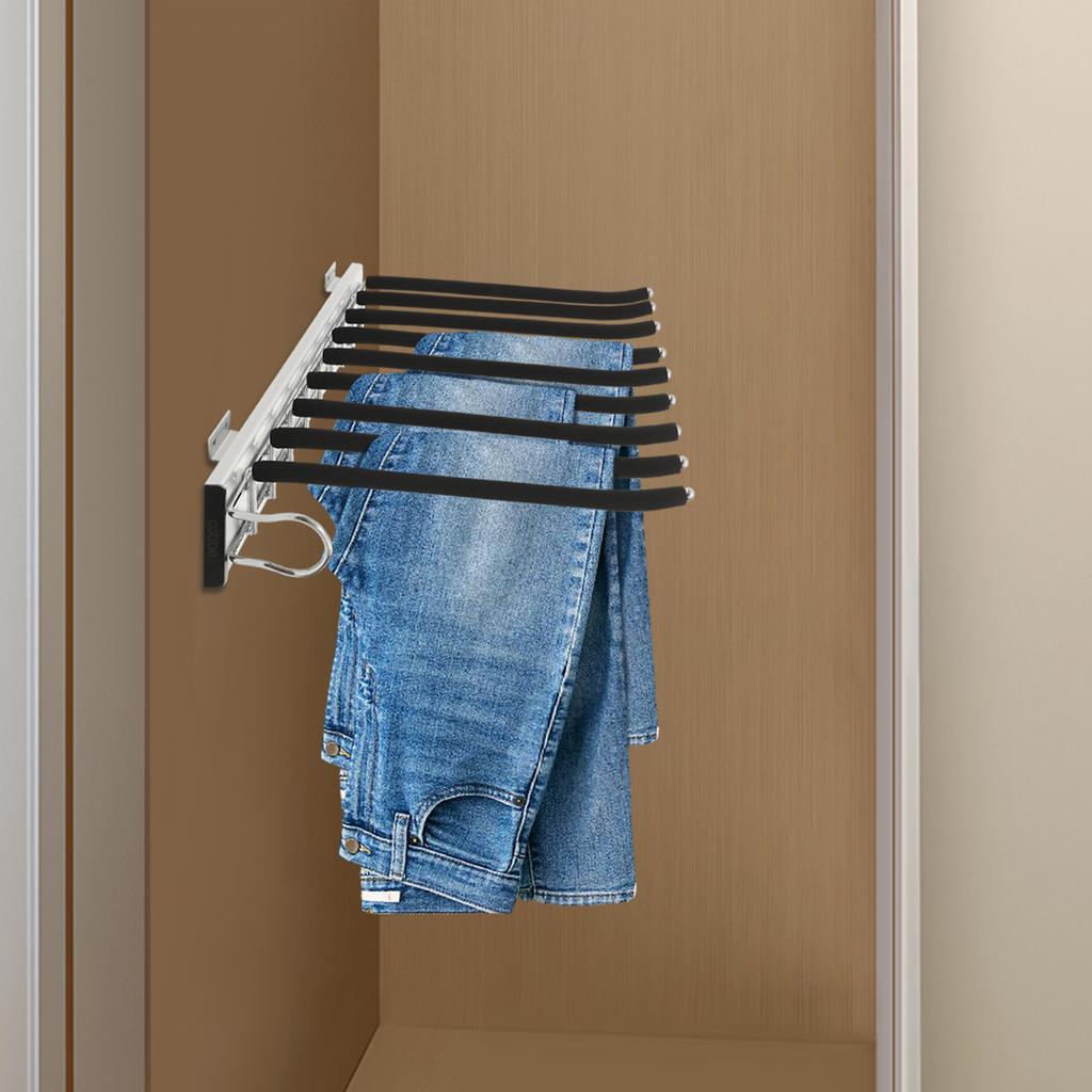 9-Rod Slide-Out Pants Rack – Heavy Duty Wardrobe Organizer with Anti-Slip Flocking – Black/Silver