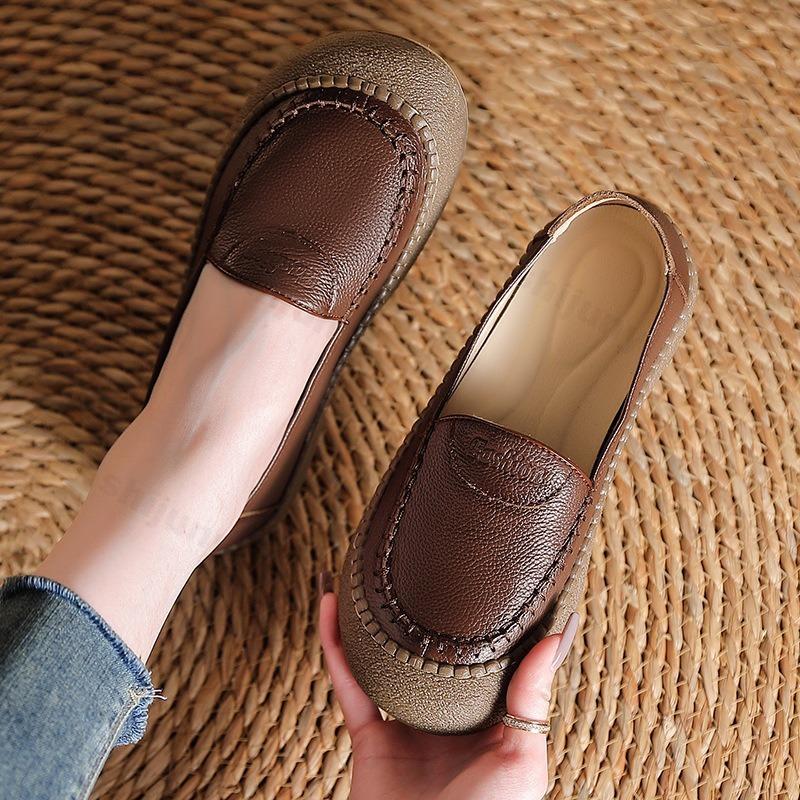 2026 Genuine Leather Loafers Women's Retro Round Toe Anti Skid Flats Woman Soft Daily Work Casual Walk Shoes Lady Zapatos Mujer