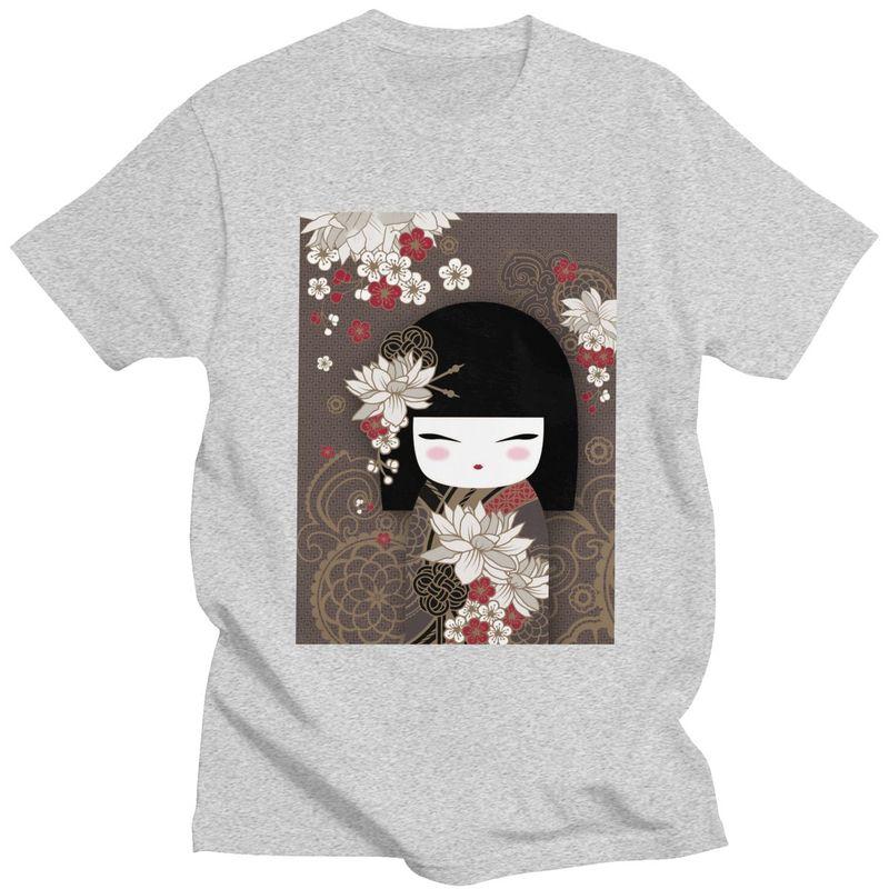 Custom Kokeshi Doll Cherry Blossoms T Shirts Men 100 Cotton Tee Tops Japanese Kimono Geisha Girl Tshirts Tshirt