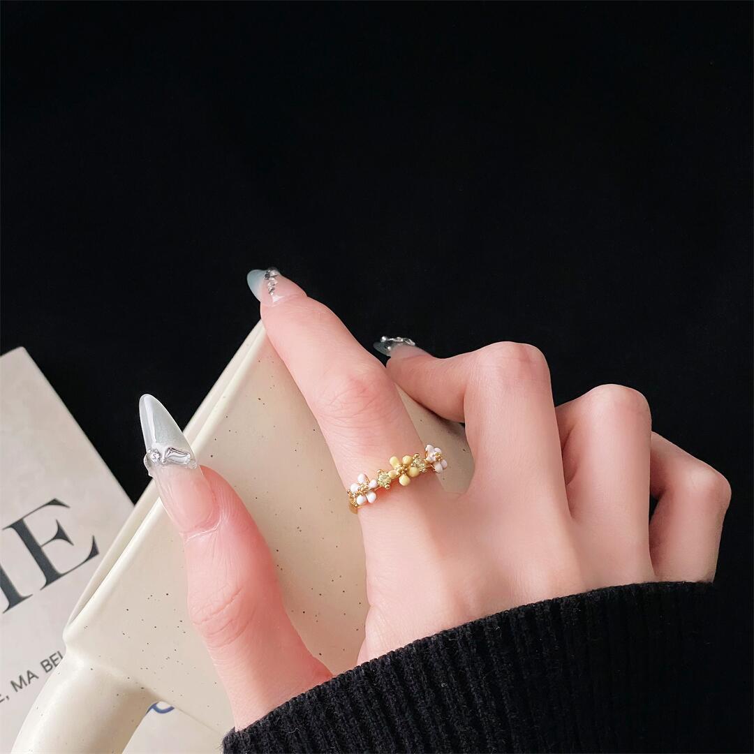 Золотое кольцо с цветком, бриллиантом и цирконом, модное кольцо с цветком, нишевый дизайн, ретро, элегантное, высококлассное, женское Adjustable opening