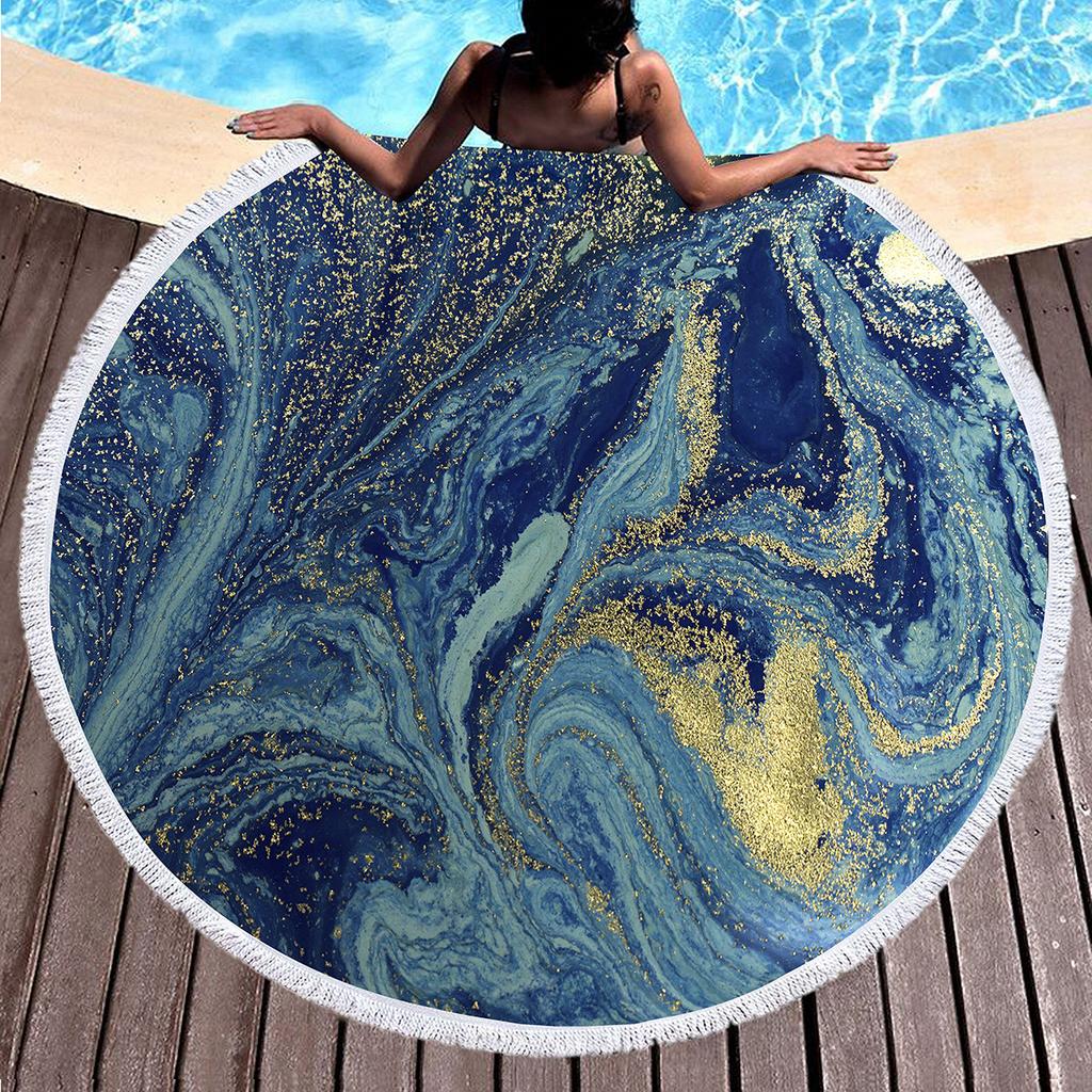 Marble Round Beach Towel with Tassels, Microfiber Quick Dry Beach Blanket Circle Swim Pool Towel Yoga Mat Meditation Picnic Rug
