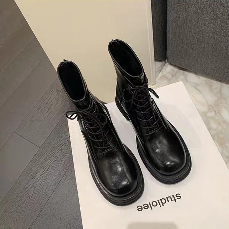 Grape mother round head autumn and winter new thin thick heel short boots women's heightening lace-up Martin short boots