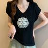 Women Sweaters Pullovers 2025 Summer Short Sleeve V-Neck White Black Embroidery Knitted Sweater Women Tops Pullover JJ232