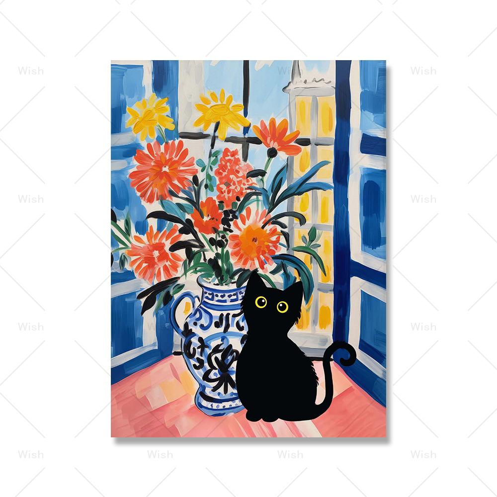 

Картина на холсте Матисс Цветная абстракция Цветочная ваза Холст Плакат Черный кот Настенные художественные принты Картины для гостиной Домашний декор 30x40cm No Framed