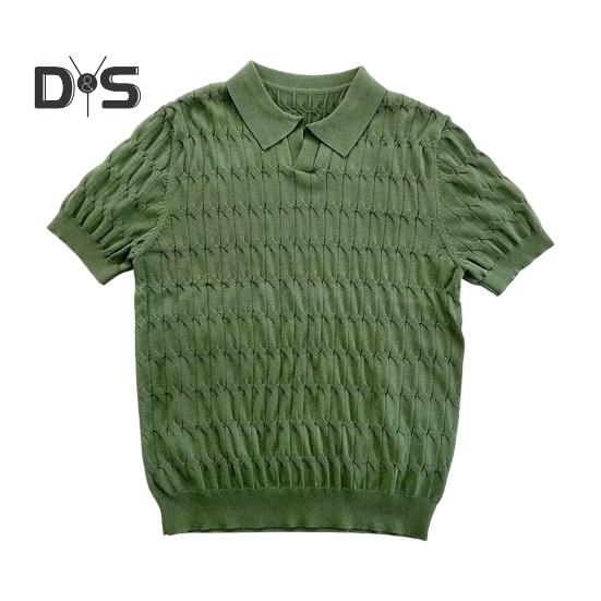 Herren Sommer Top Umlegekragen V-Ausschnitt Jacquard Strick Einfarbig Kurze Ärmel Locker Dehnbar Formeller Business-Stil Mittellanges Herren Alltagshemd